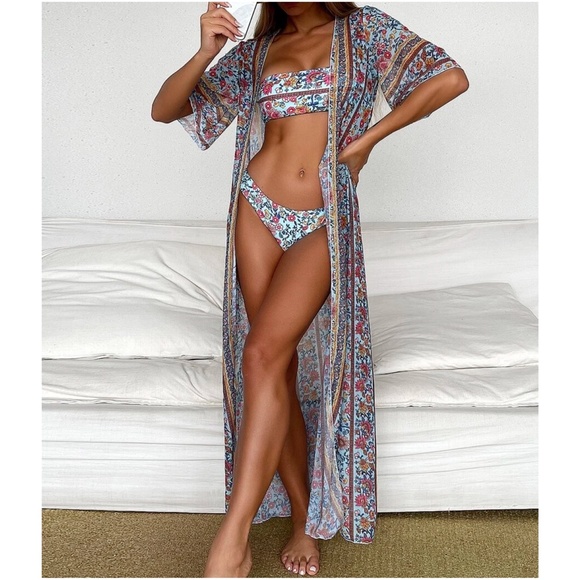 Other - Boho Floral Print Kimono Beach Cover Up Set